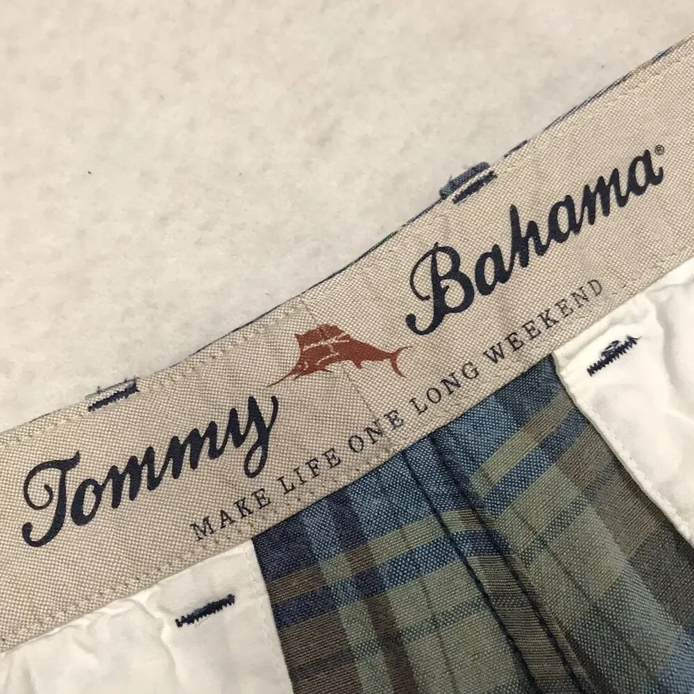 TOMMY BAHAMA Linen Blend Shorts Men 35-36 Turquoise Green Blue Plaid Beach